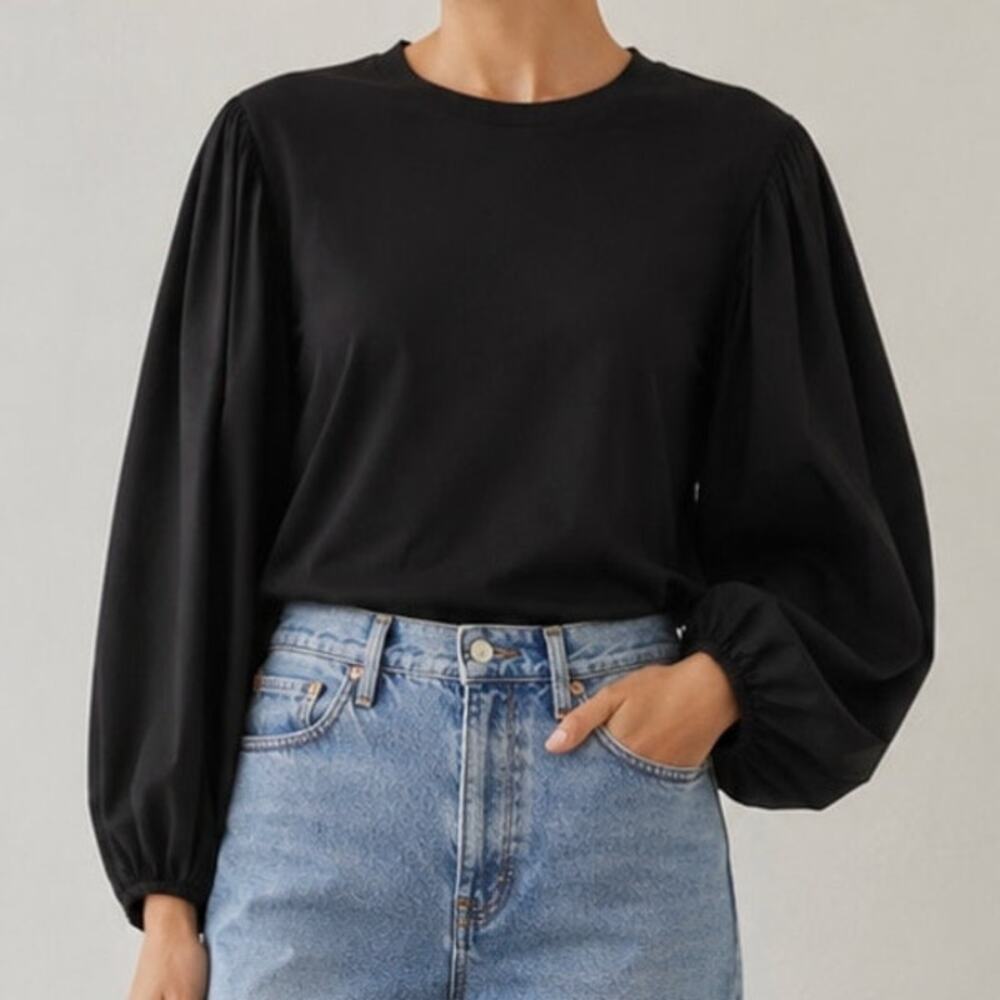 A.L.C. Bella Cotton Balloon Sleeve Top Black Minimalist Statement Blouse S